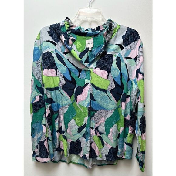 Nic + Zoe women’s blue green pink abstract long sleeve top size PL  #34-1239 - Picture 1 of 6